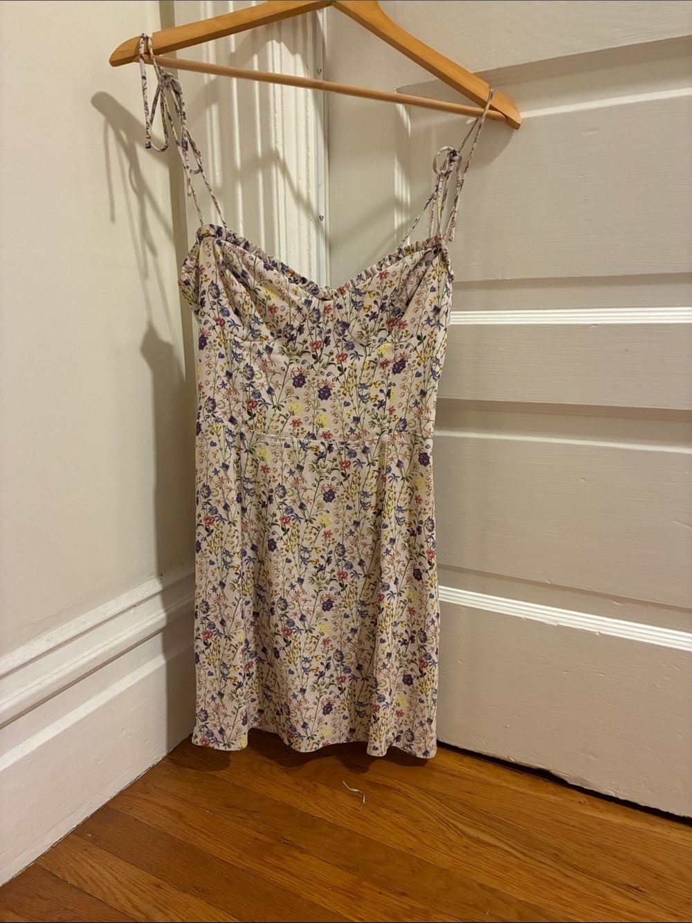 Aritzia Cream Floral Mini Dress with Purple & Blue Accents